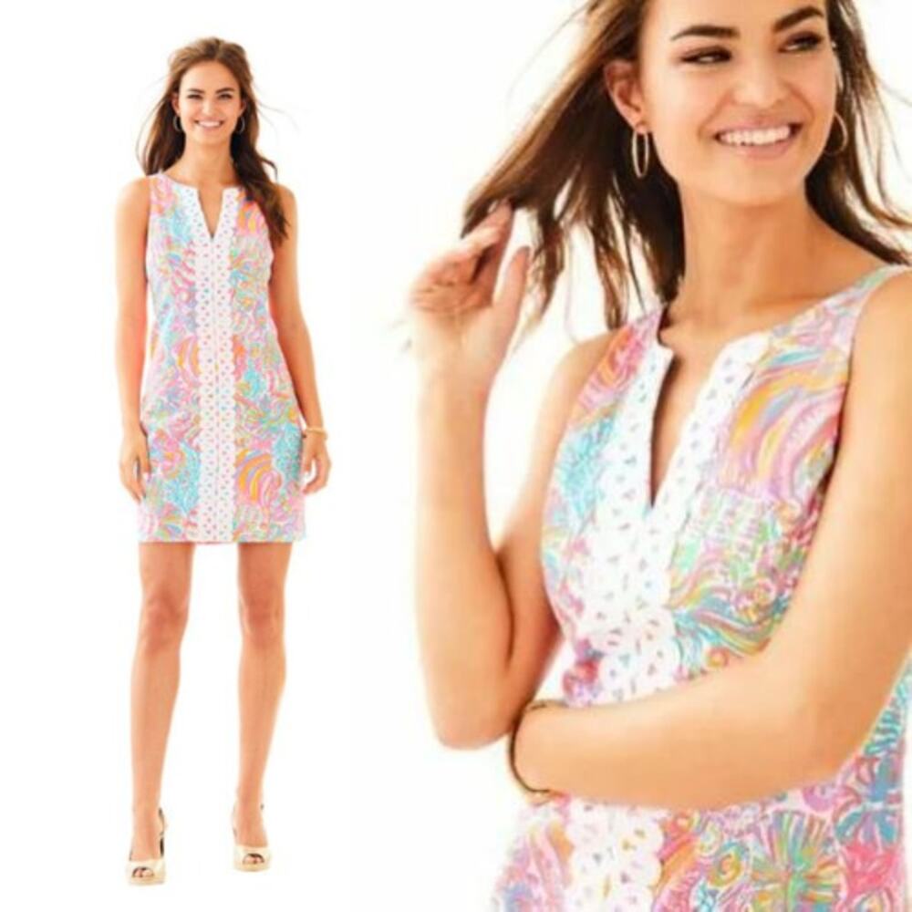 NWT Lilly Pulitzer Ryder Shift Mini Dress Applique Lace Multi Swish Fish Size 2